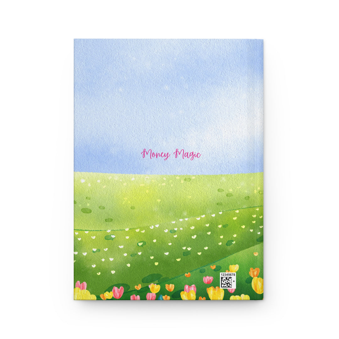 "Money Magic" in painted style over blue sky with a meadow and tulips