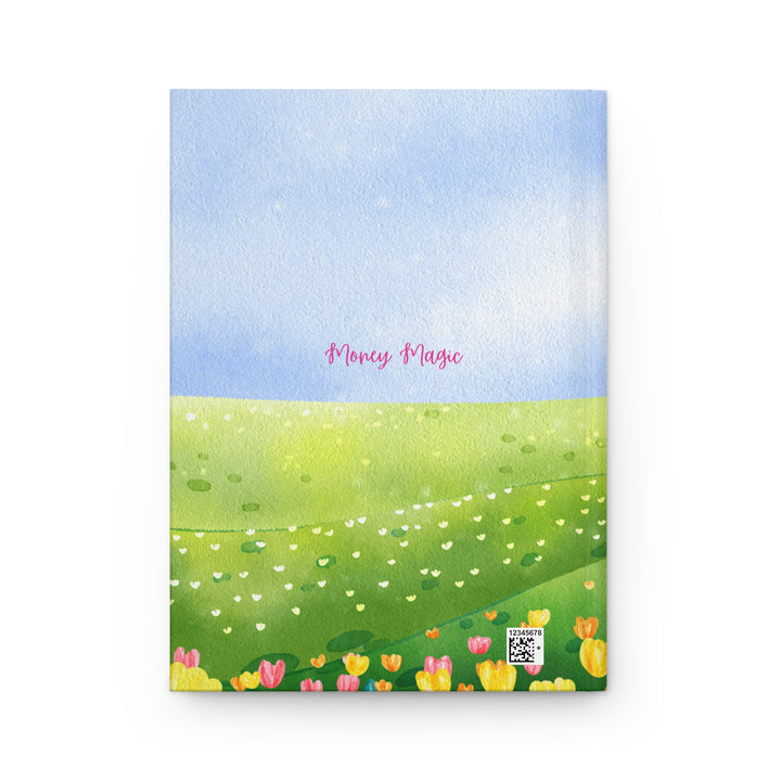 "Money Magic" in painted style over blue sky with a meadow and tulips