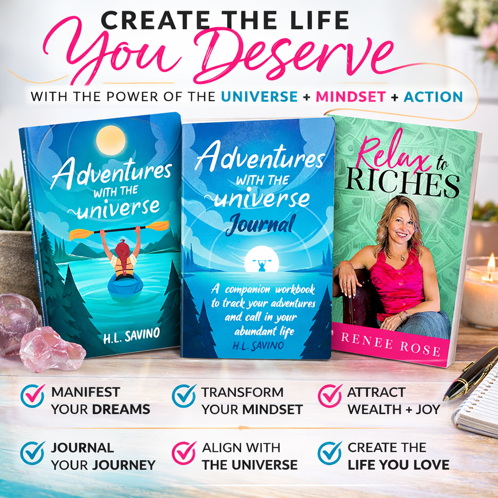 Three books titled 'Adventures with the Universe', 'Adventures with the Universe Journal', and 'Relax to Riches' on a wooden surface.