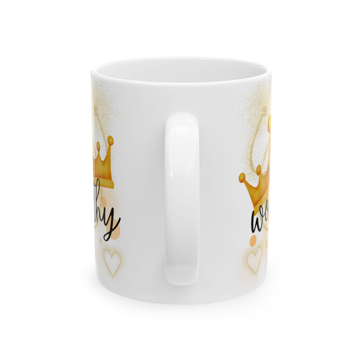 side view of mug with gold crown edges and handle